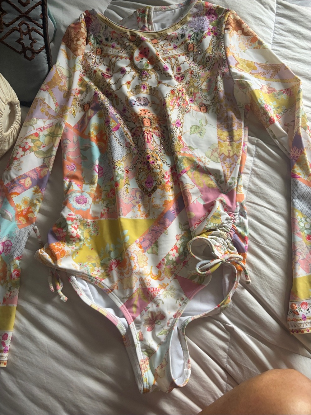 Camilla Pastel Floral Long Sleeve One-Piece Swimsuit in Yellow, Pink and Blue